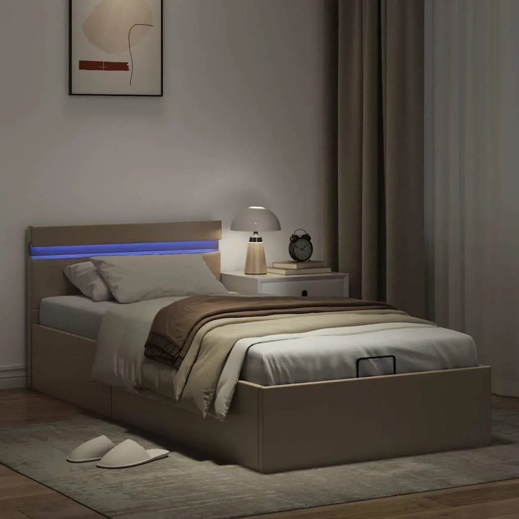 Cama hidrául. arrumação e LED 90x200cm couro artif. cappuccino