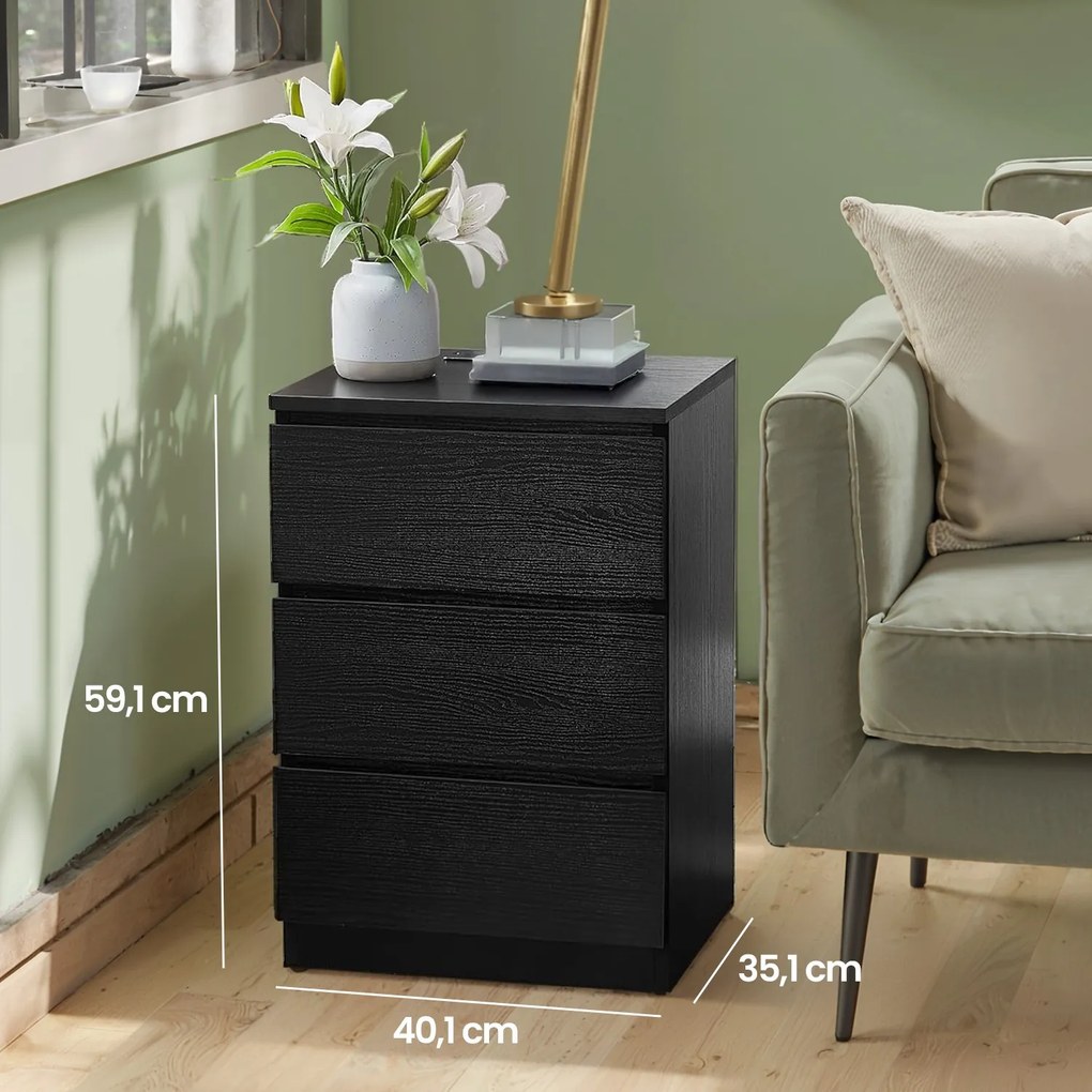 Mesa de cabeceira com 3 gavetas 35 x 40 x 59 cm preta