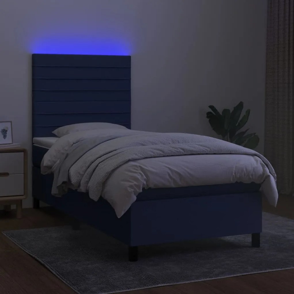 Cama box spring c/ colchão e LED 80x200 cm tecido azul