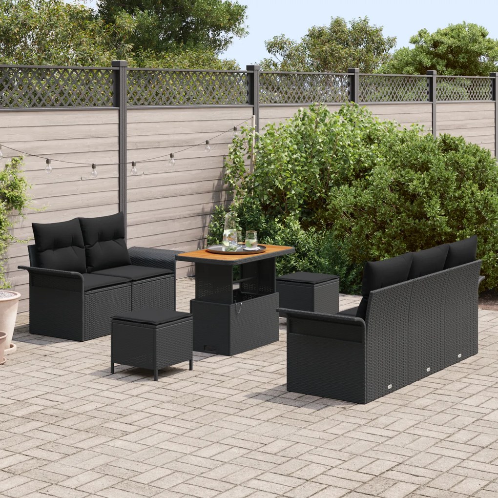 Conjunto de Sofá de Jardim vidaXL 8 Peças com Almofadas Preto Poliratt