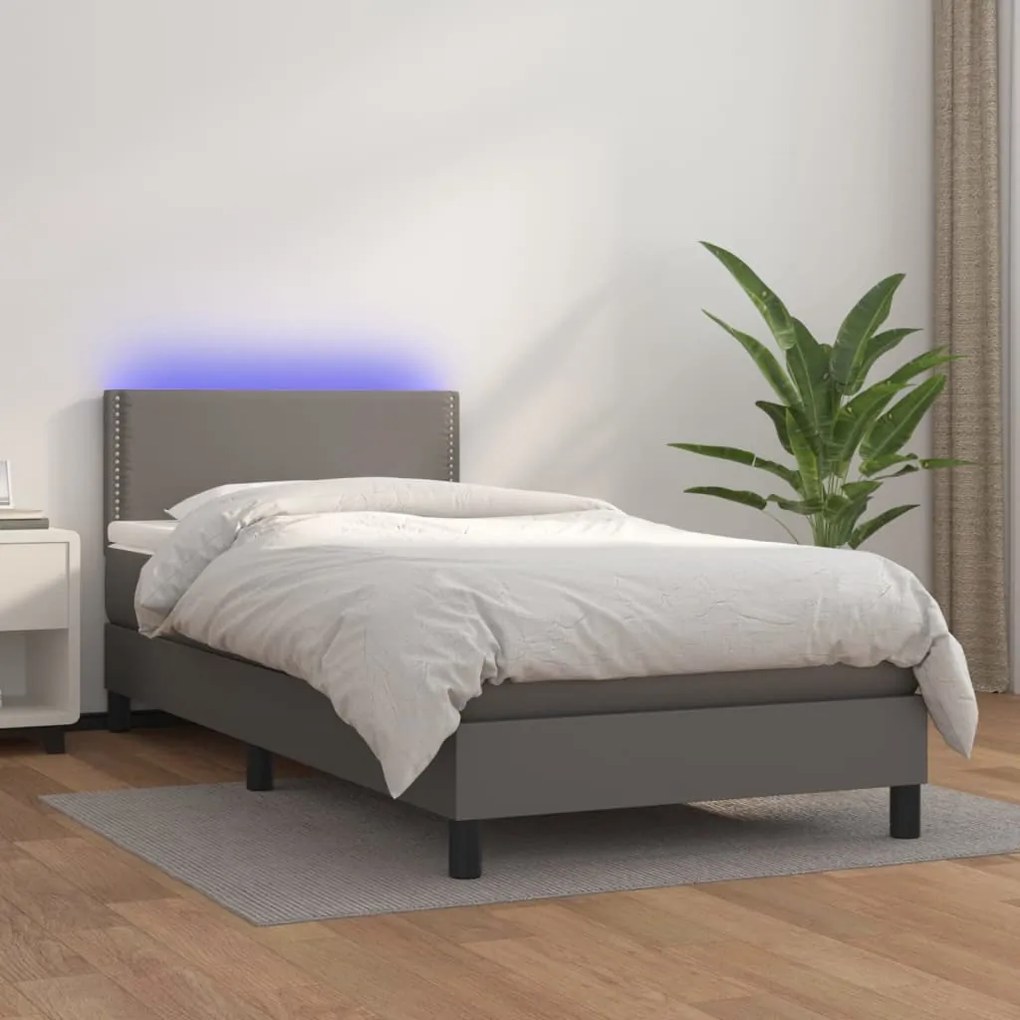 Cama box spring c/ colchão/LED 90x200 cm couro artificial cinza