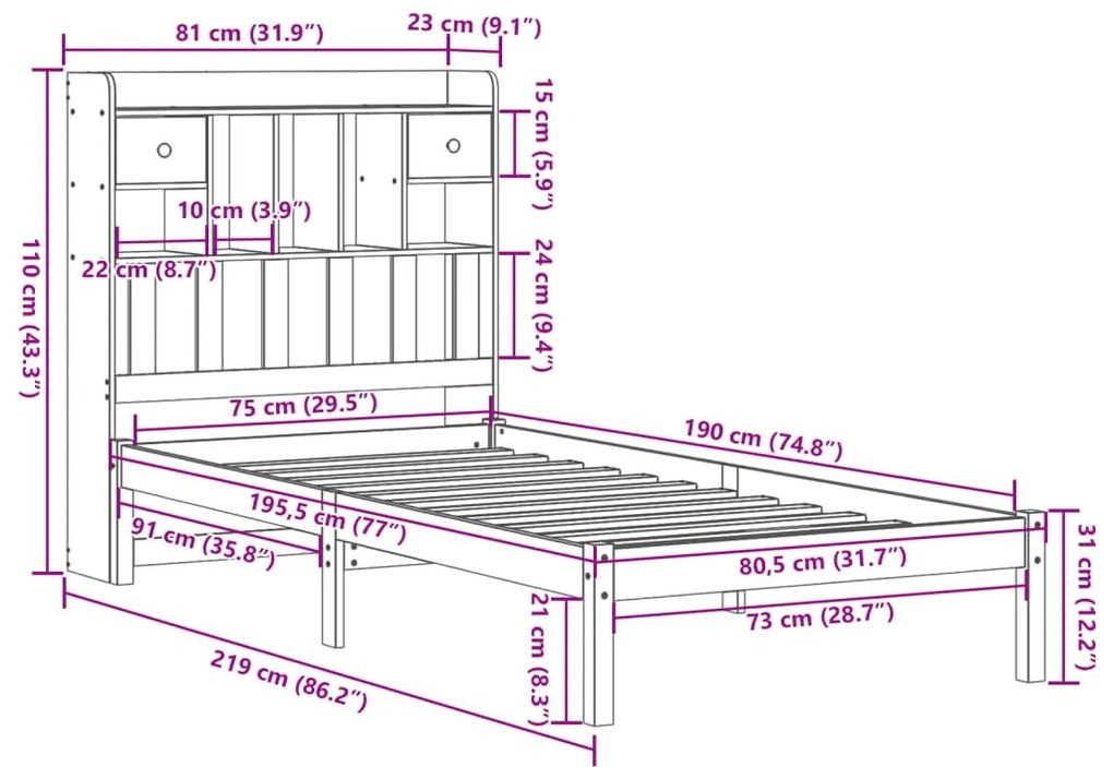 Cama com estante sem colchão 75x190cm pinho maciço castanho-mel