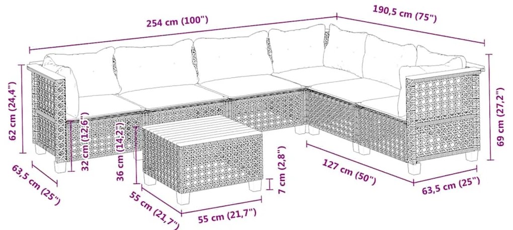 7 pcs conjunto de sofás p/ jardim com almofadões vime PE bege
