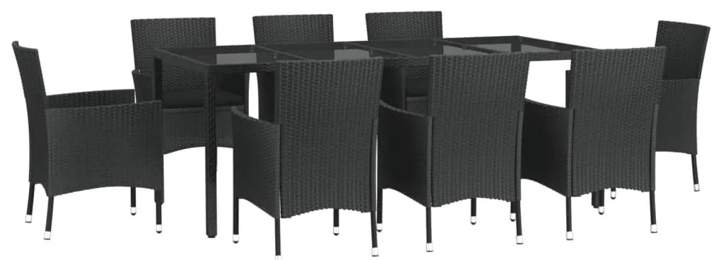 9 pcs conjunto de jantar p/ jardim c/ almofadões vime PE preto