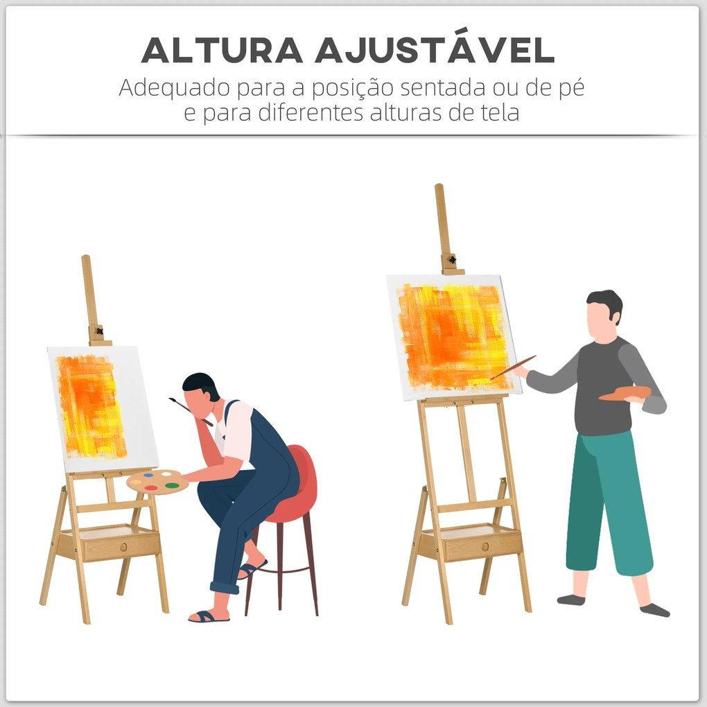 Cavalete de Pintura para Telas de Até 92 cm com Gaveta Altura Ajustável e Estrutura em H 43,5x43x150-190 cm Madeira