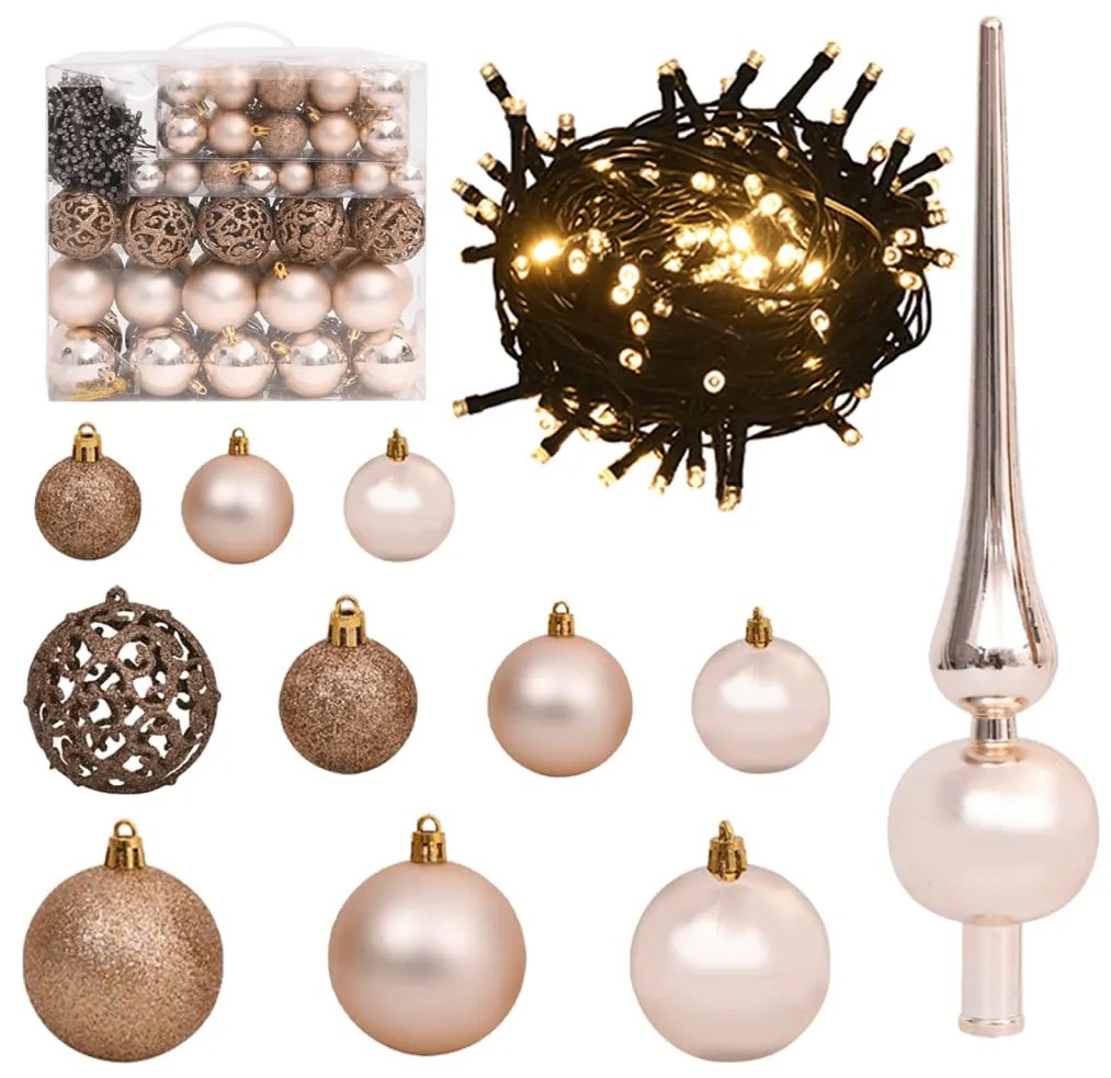 330098 vidaXL Conj. de bolas de natal 120 pcs + pico e 300 LEDs rosa dourado