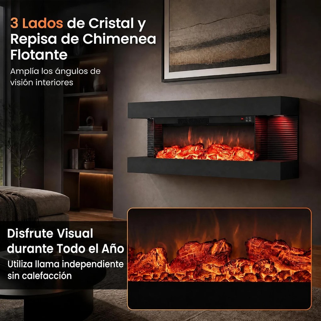 Lareira Elétrica de Encastrar com Vista Tripla, 101,6 x 20,6 x 41,8 cm, Chama Multinível, Preto
