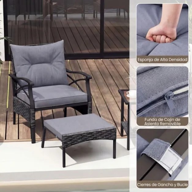 Conjunto de móveis jardim de vime de 5 peças com pufes, almofadas e mesa auxiliar de vidro temperado de 2 níveis para jardim, varanda, preto e cinza e