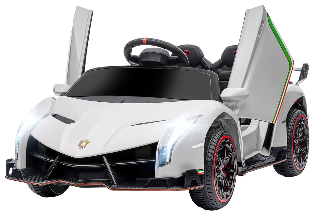 Carro Elétrico Lamborghini 12V Velocidade Máxima 7 km/h com Controlo Remoto MP3 Luzes e Cinto de Segurança 111x61x45 cm Branco