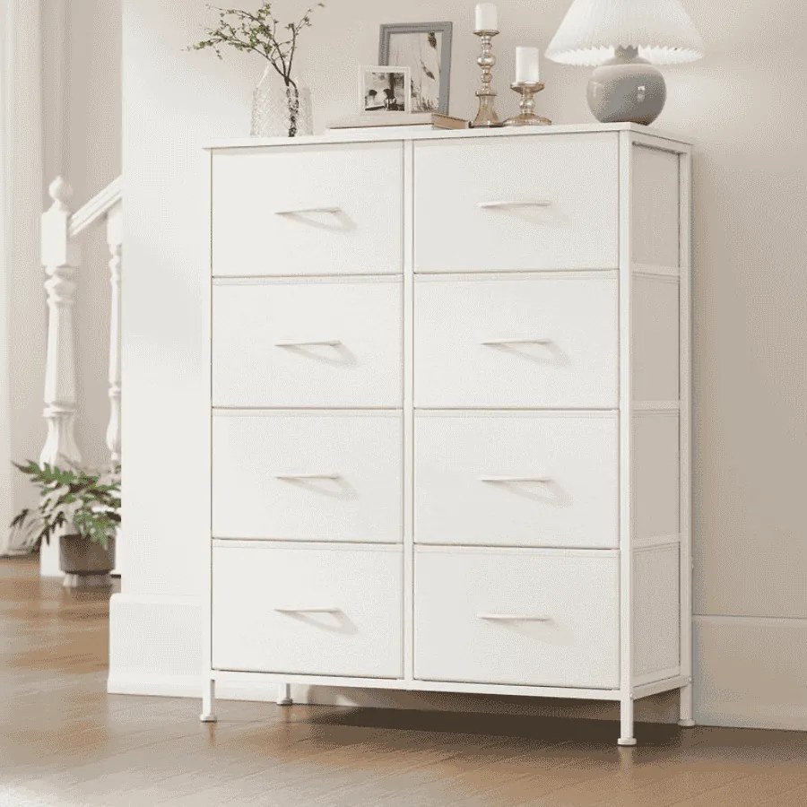 Cómoda com 8 gavetas em tecido 30 x 76,7 x 95,2 cm branco-nuvem e branco-neve