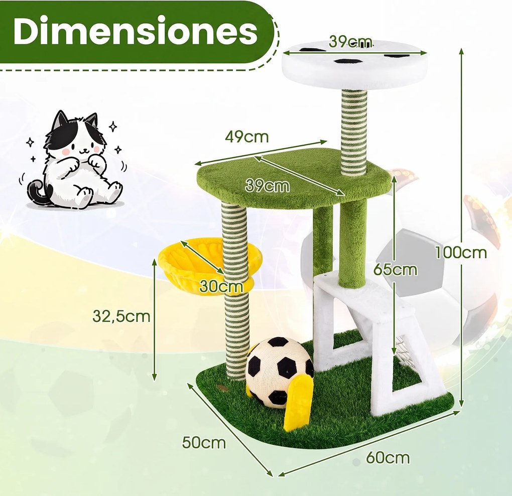 Árvore para Gatos com Design de Futebol, 60 x 50 x 100 cm, Duas Plataformas e Rede de Descanso, Multicolor