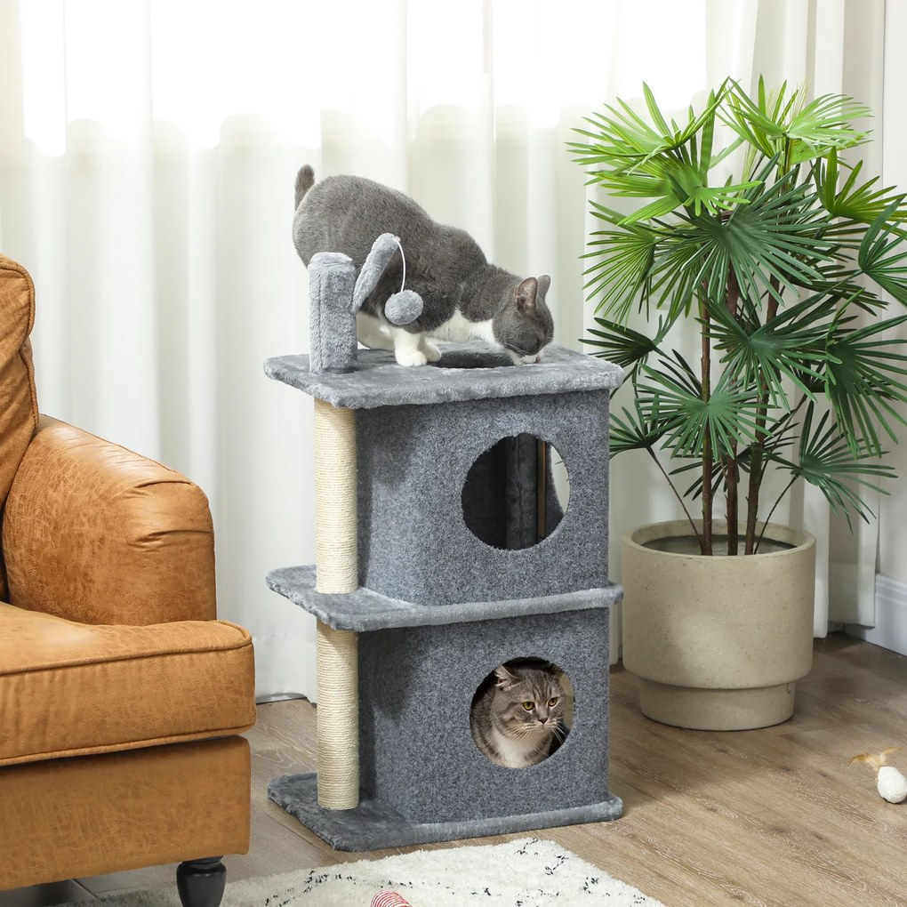 Arranhador para gatos de 3 níveis em forma de torre, com 2 compartimentos abertos e uma superfície de descanso confortável, bola 43 x 33 x 80 cm cinze