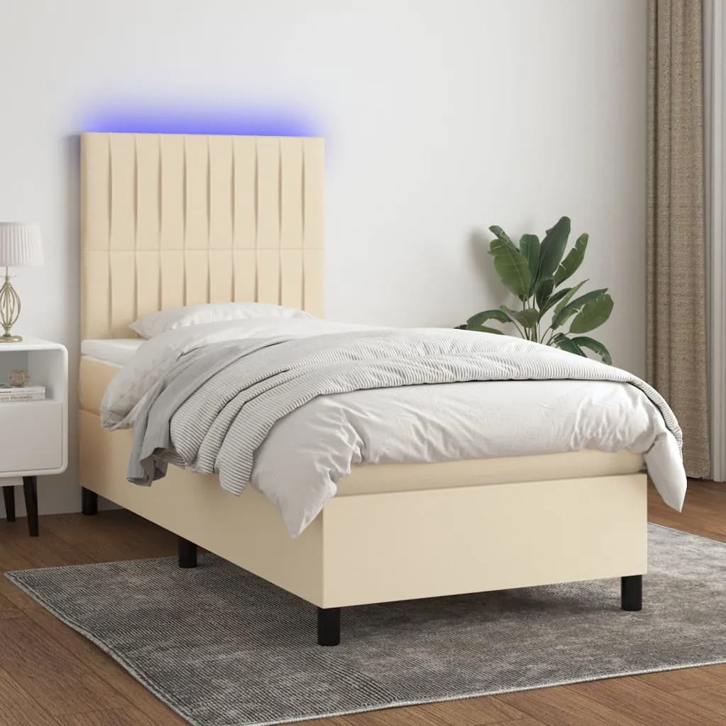 Cama box spring c/ colchão e LED 90x190 cm tecido cor creme