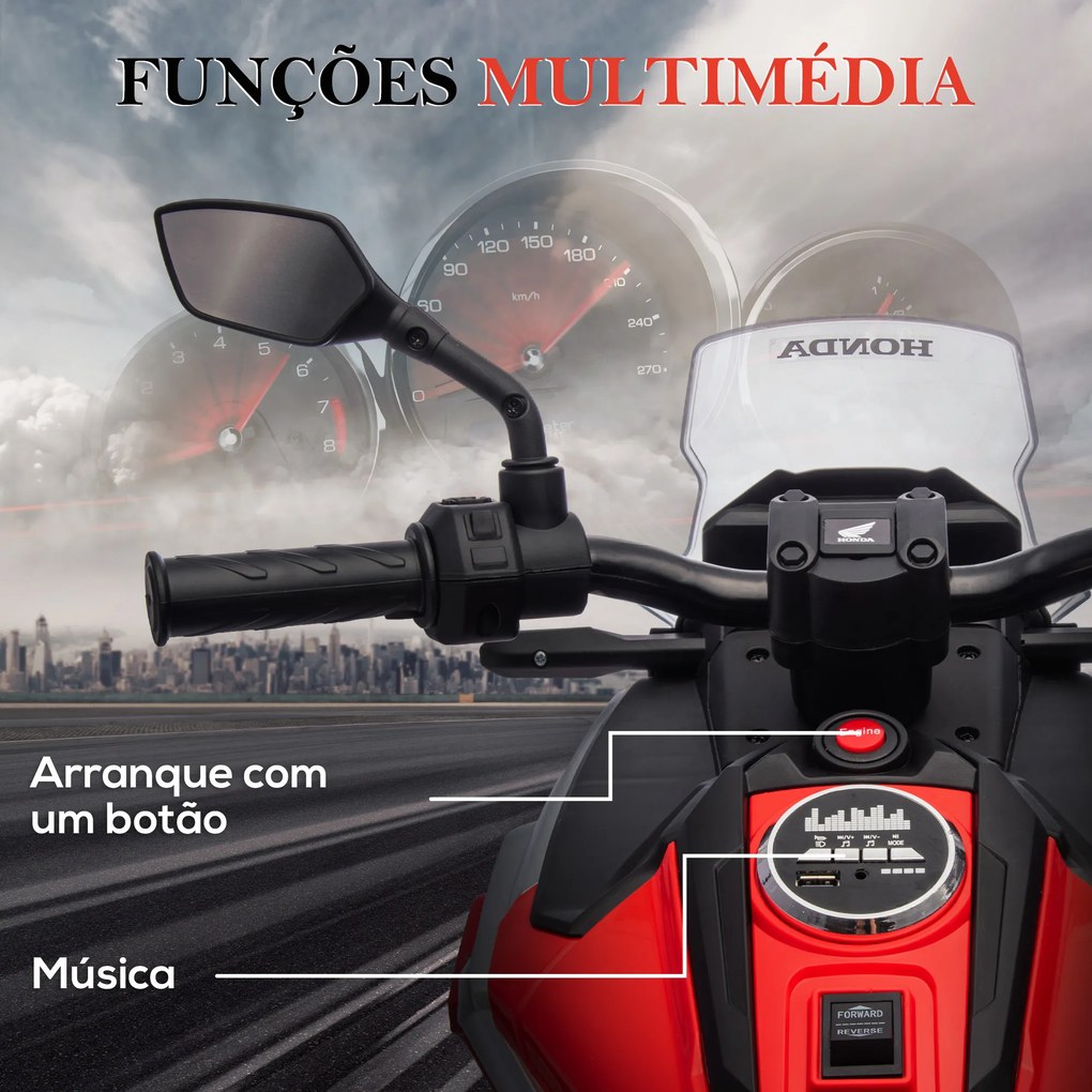 Moto Elétrica para Crianças de 3-6 Anos com Licença Honda com USB MP3 Luz LED e Velocidade 3 km/h Carga 30 kg Vermelho