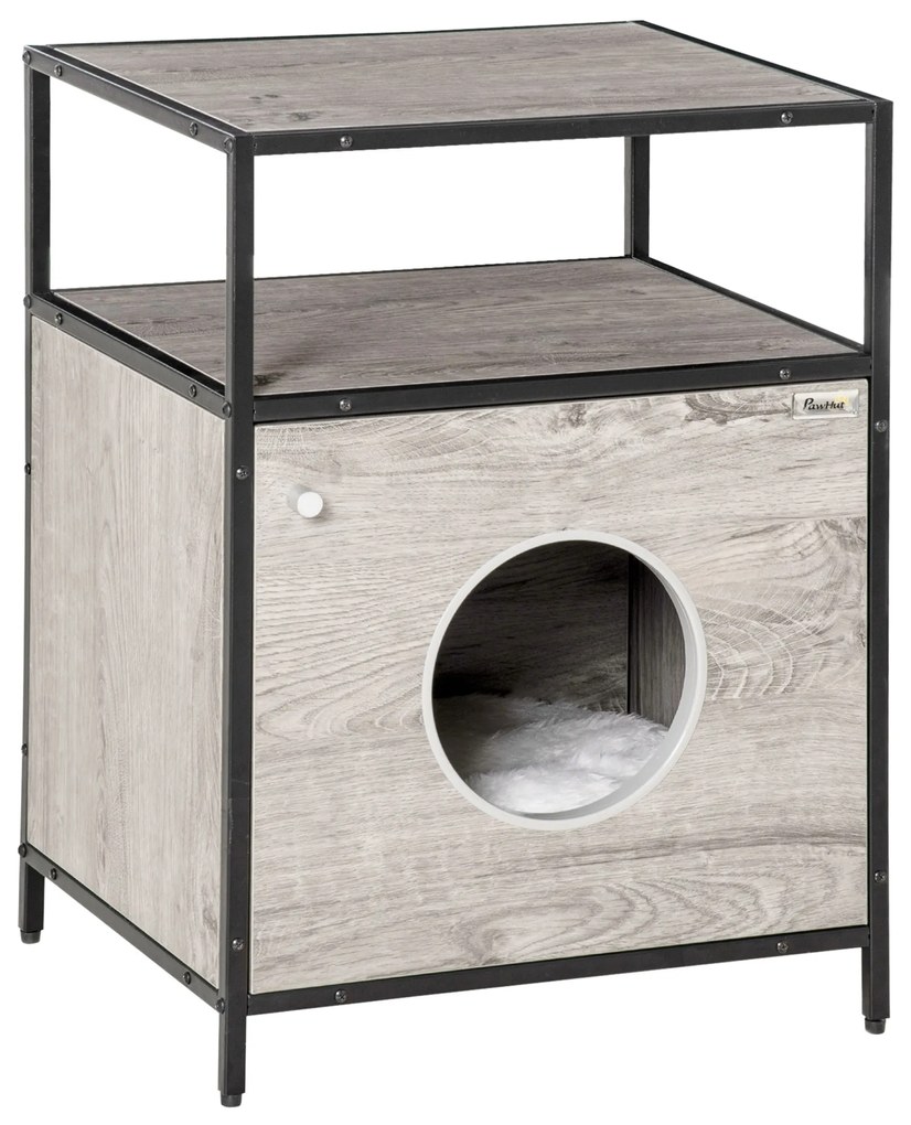Casa para Gatos de Madeira com Aparência de Mesa Auxiliar com 2 Prateleiras de Armazenamento Caverna para Gatos com Almofada Removível e Lavável 48x40x65,5cm Carvalho