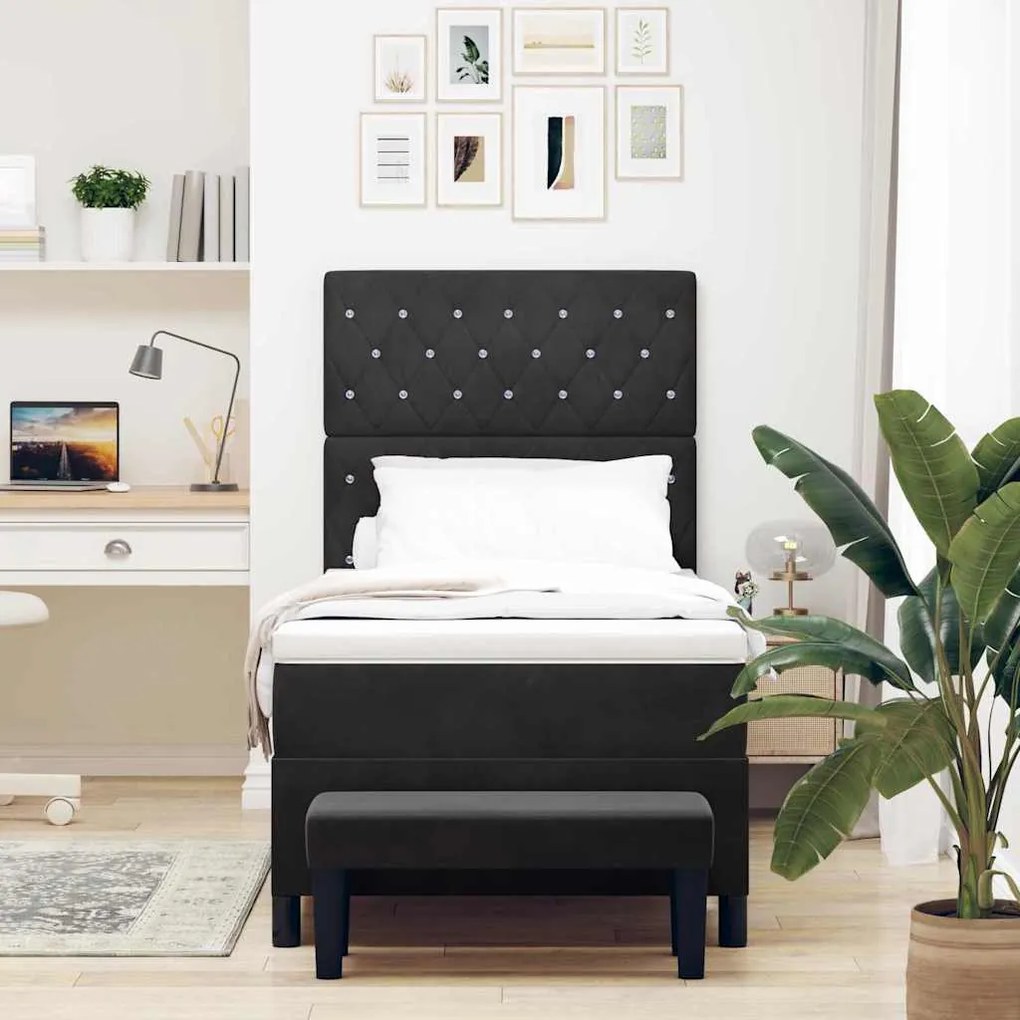 Cama Box Spring com Colchão e Banco Preto 100x200 cm Veludo