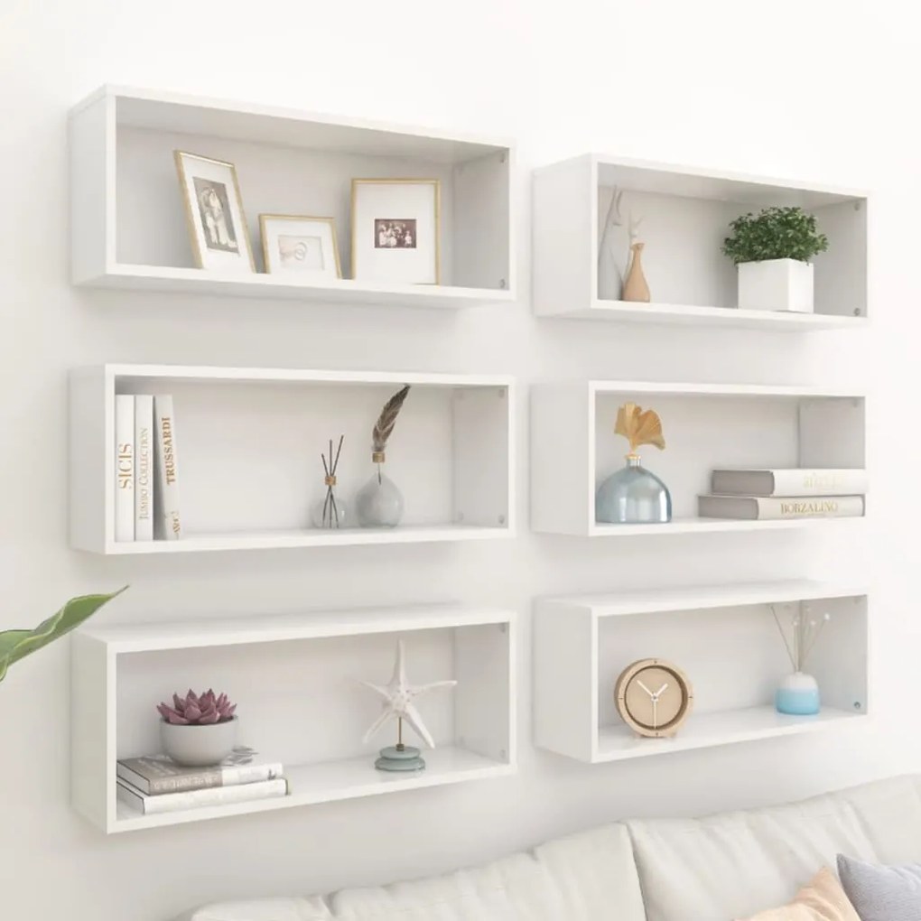 vidaXL Prateleiras parede cúbicas 6 pcs deriv. madeira branco brilh.
