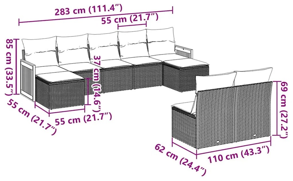 9 pcs conjunto de sofás p/ jardim c/ almofadões vime PE preto