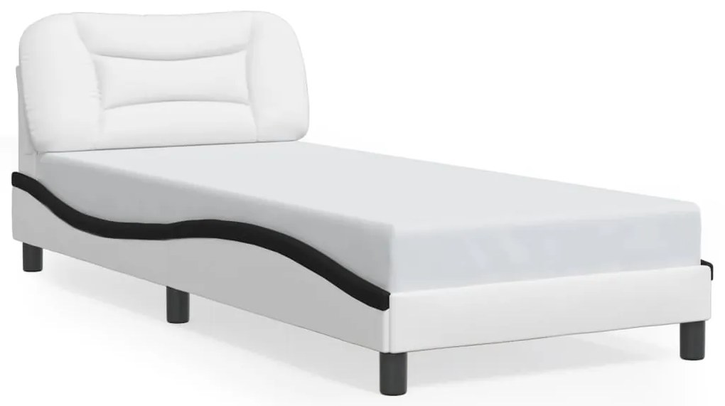 Estrutura cama c/ luzes LED 90x190 cm couro artif. branco/preto