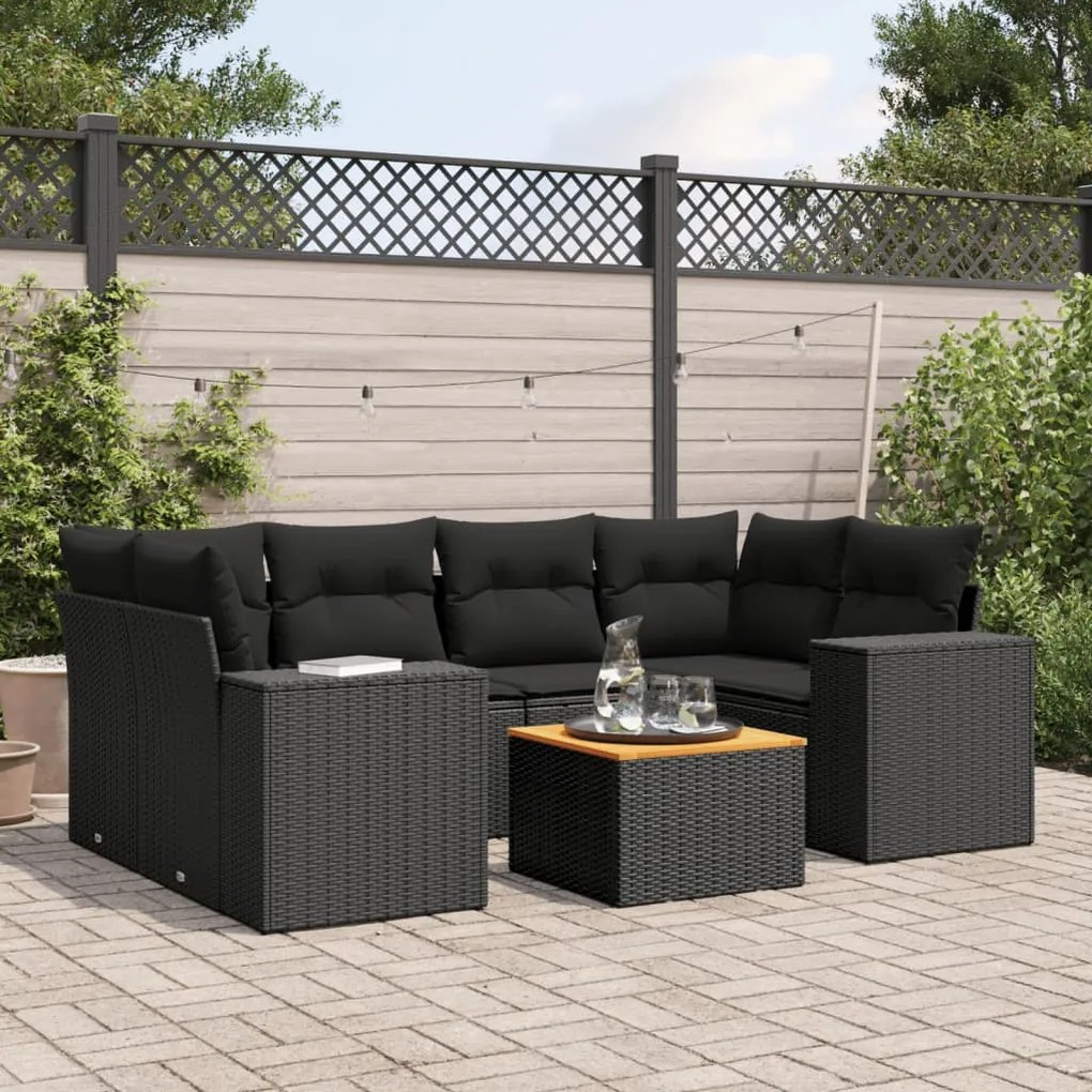 7 pcs conjunto de sofás p/ jardim c/ almofadões vime PE preto