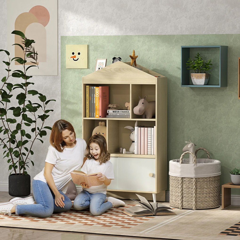 Estante Infantil com 4 Compartimentos Estante de Livros para Crianças com Prateleiras Abertas e Armário 80x30x140,5 cm Branco e Madeira