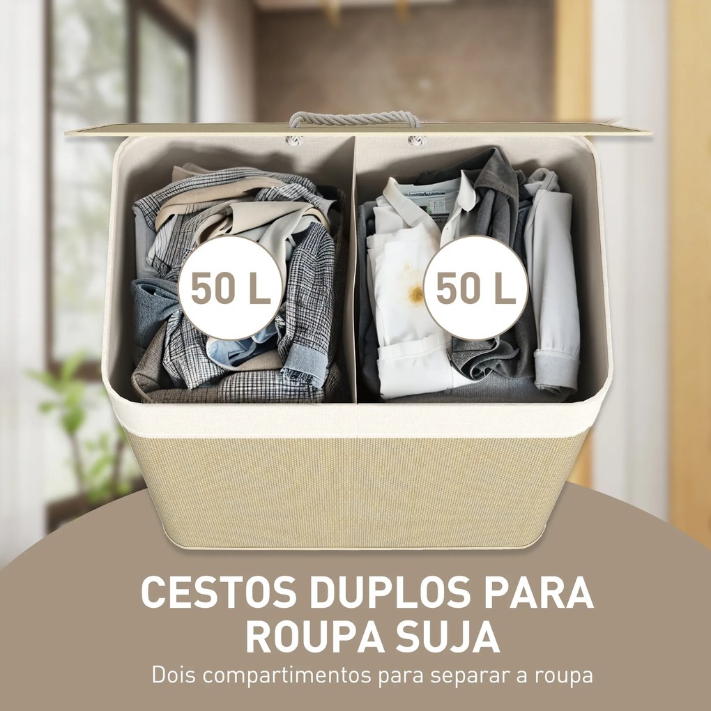 Cesto de Roupa com Tampa 100L de Bambu com 2 Compartimentos Bolsa Interior Amóvivel 52x32x63 cm Bege e Creme