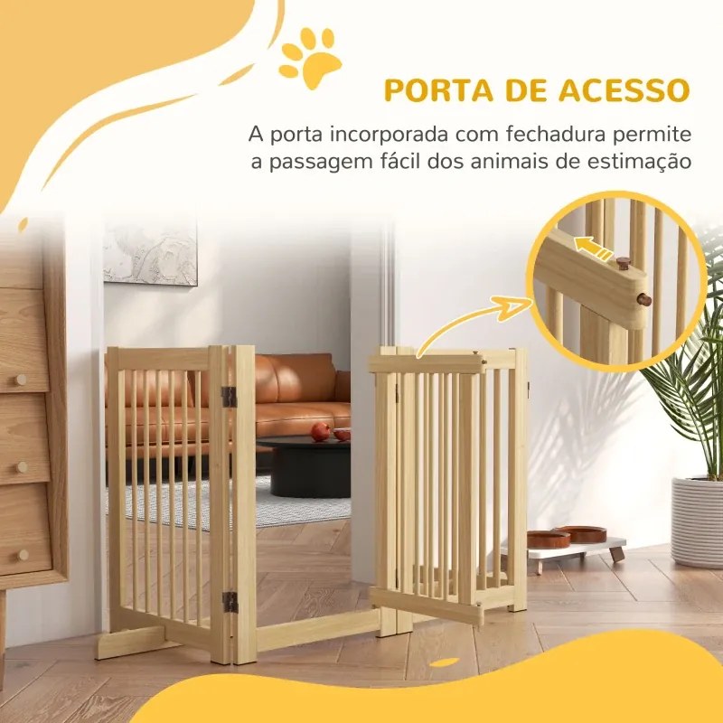 Barreira de Segurança 204x36x75 cm para Cães em Madeira Dobrável para Escadas e Portas para Cães Pequenos e Médios de 4 Painéis Madeira