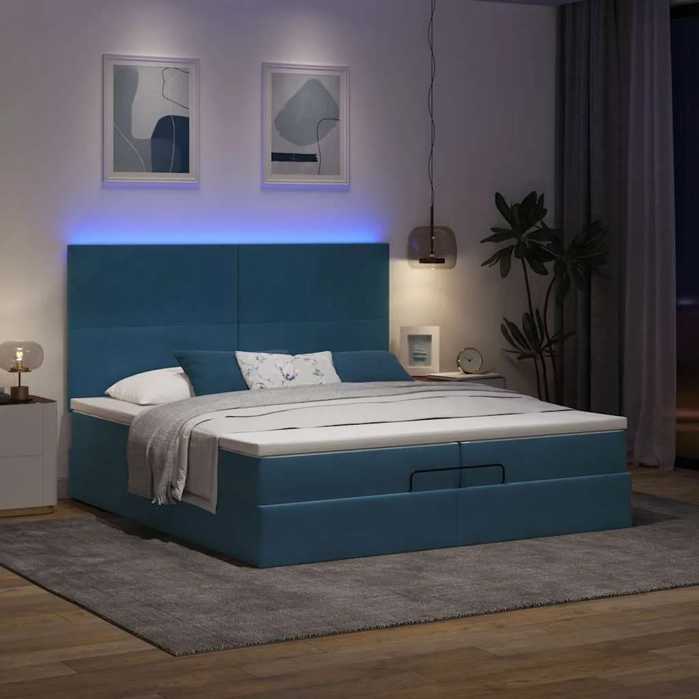 Cama otomana com colchões/LEDs 200x200 cm veludo azul-escuro