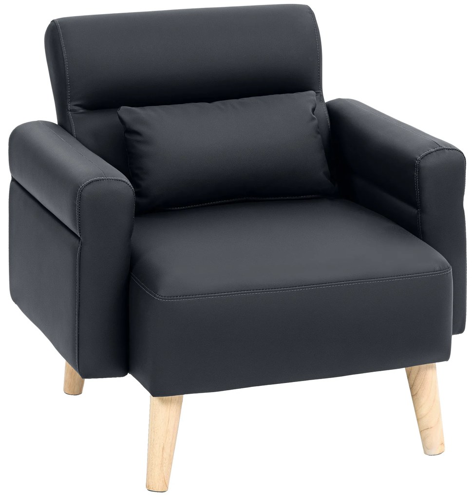 Poltrona Moderna Estofada em Couro Sintético com Apoios de Braço Acolchoados e Pés em Madeira 77x78x78 cm Preto