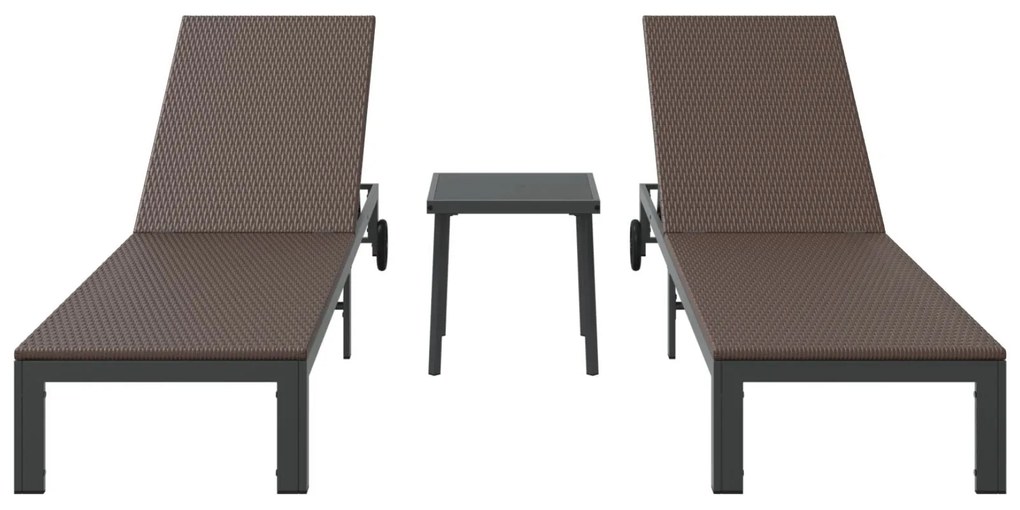 Conjuntos de espreguiçadeiras 2 pcs com rodas e mesa em rattan sintéti