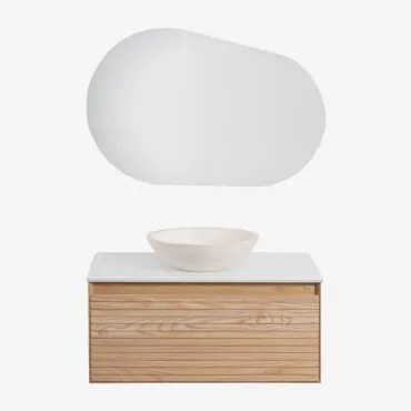 Conjunto De Móvel De Casa De Banho Suspenso 80x50 Cm Em Madeira De Freixo Tedrik Castanho Fresno & Cimento Redondo Branco Ø40 Cm Zavion & Oval - Sklum