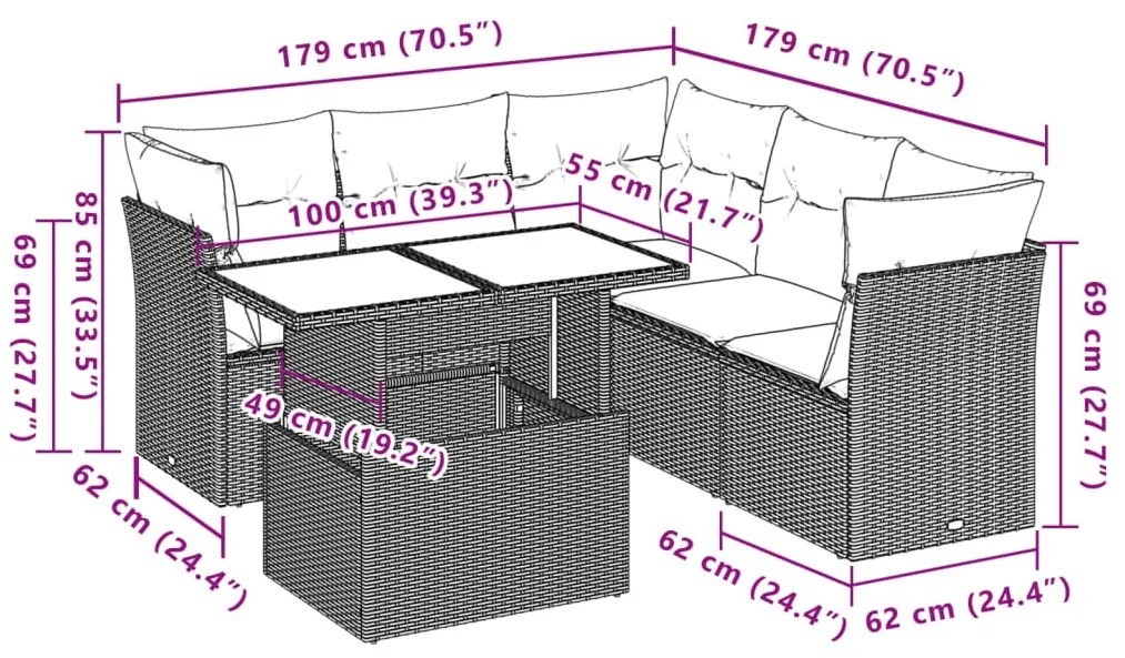 6 pcs conjunto sofás de jardim com almofadões vime cinzento