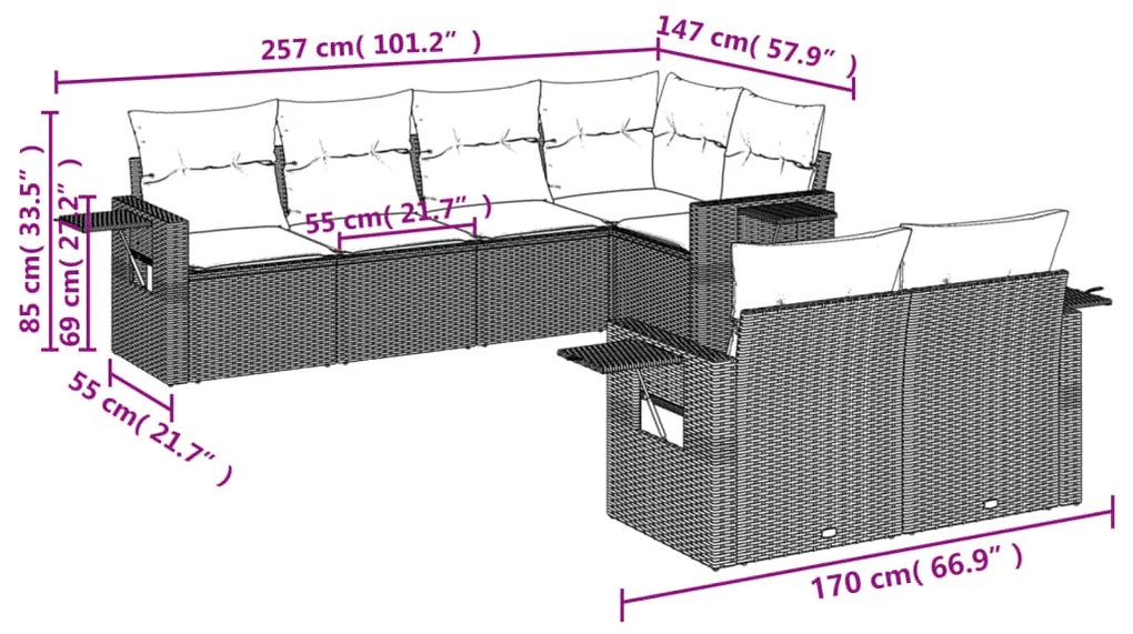 7 pcs conjunto de sofás p/ jardim com almofadões vime PE bege