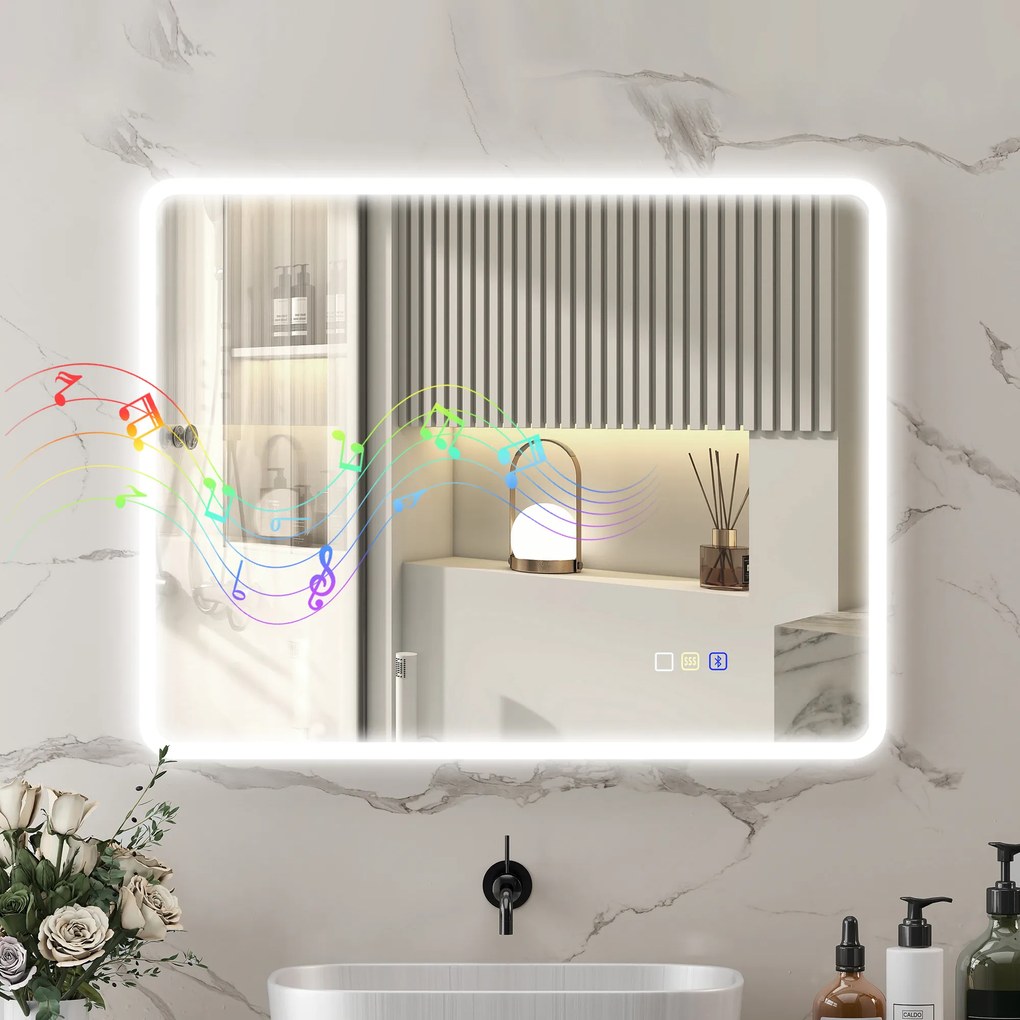 Espelho de casa de banho LED com Bluetooth, 70 x 90 cm, interruptor tátil, iluminação regulável, 3 cores, antiembaciamento, memória, prateado