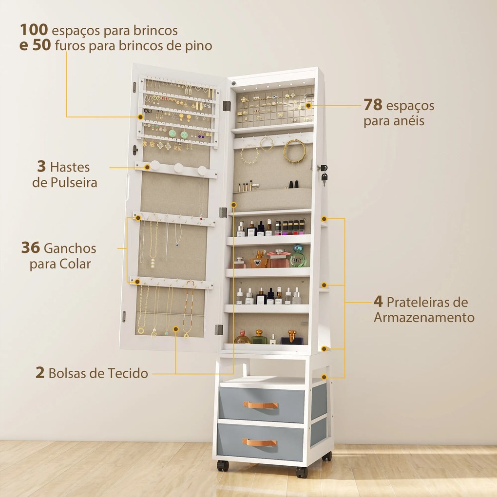 Espelho Armário de Jóias com Luzes LED Rodas Giratórias 360° Prateleiras Abertas Gavetas de Tecido Branco