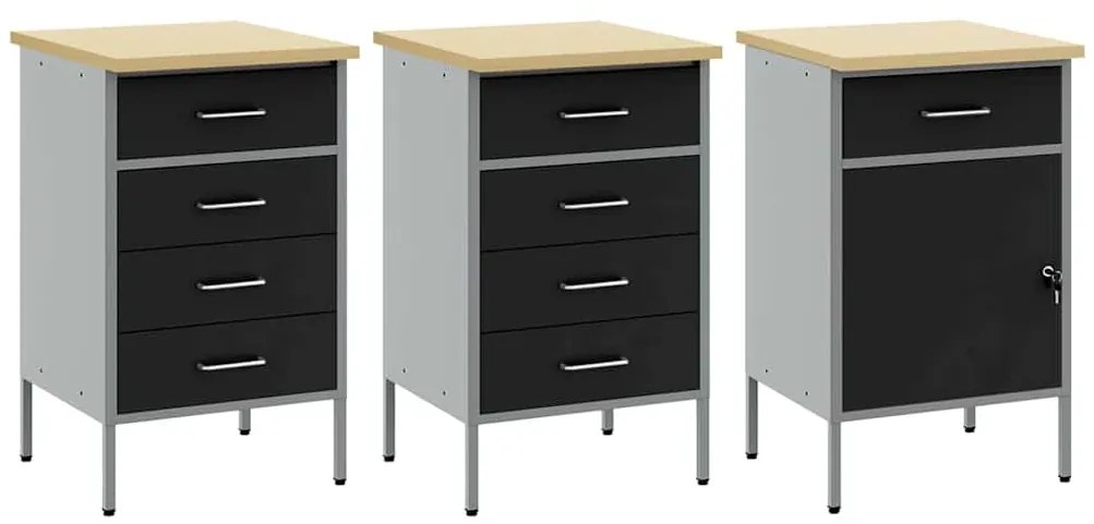 Conjunto de Armários de Trabalho VidaXL 3 Peças Preto e Cinza em Madei