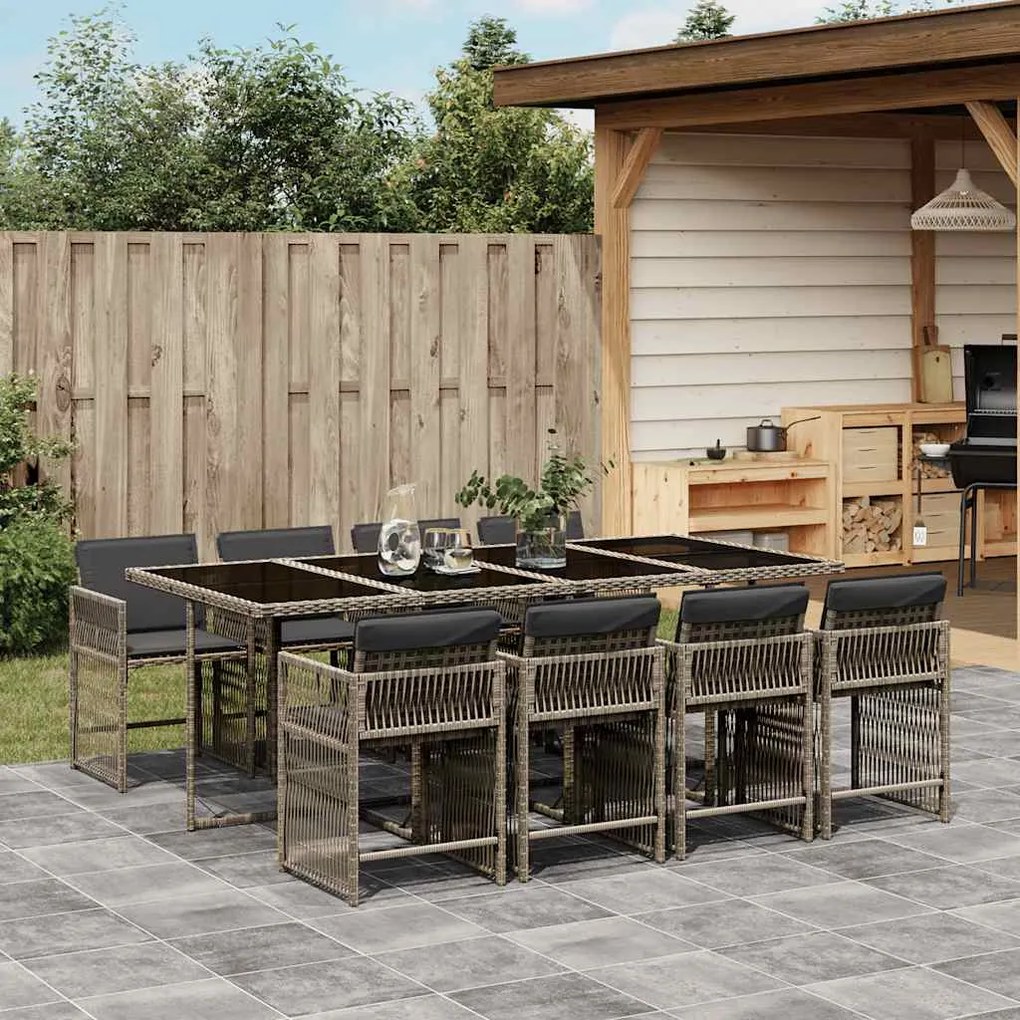 vidaXL 9 pcs conjunto de jantar p/ jardim c/ almofadões vime PE cinza
