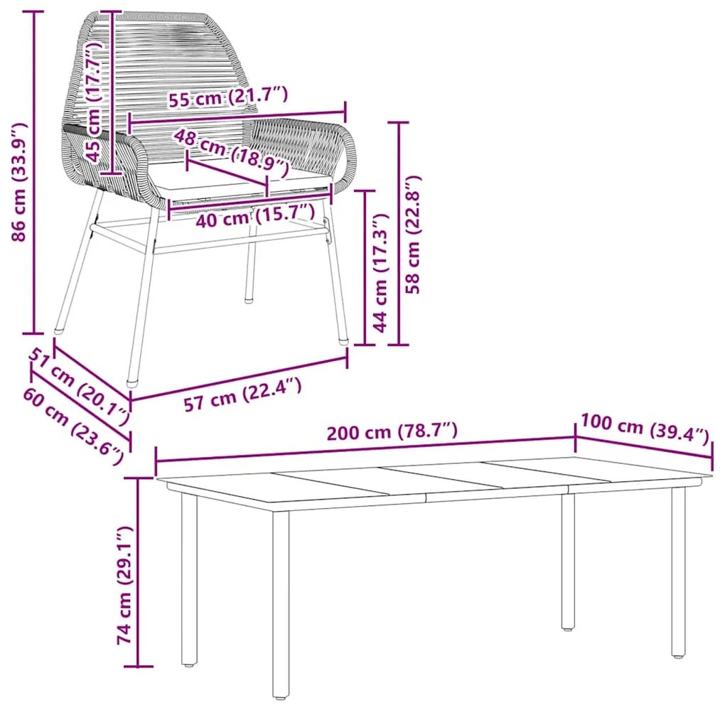 Conjunto jantar jardim 9 peças almofadas vidro vime PE castanho