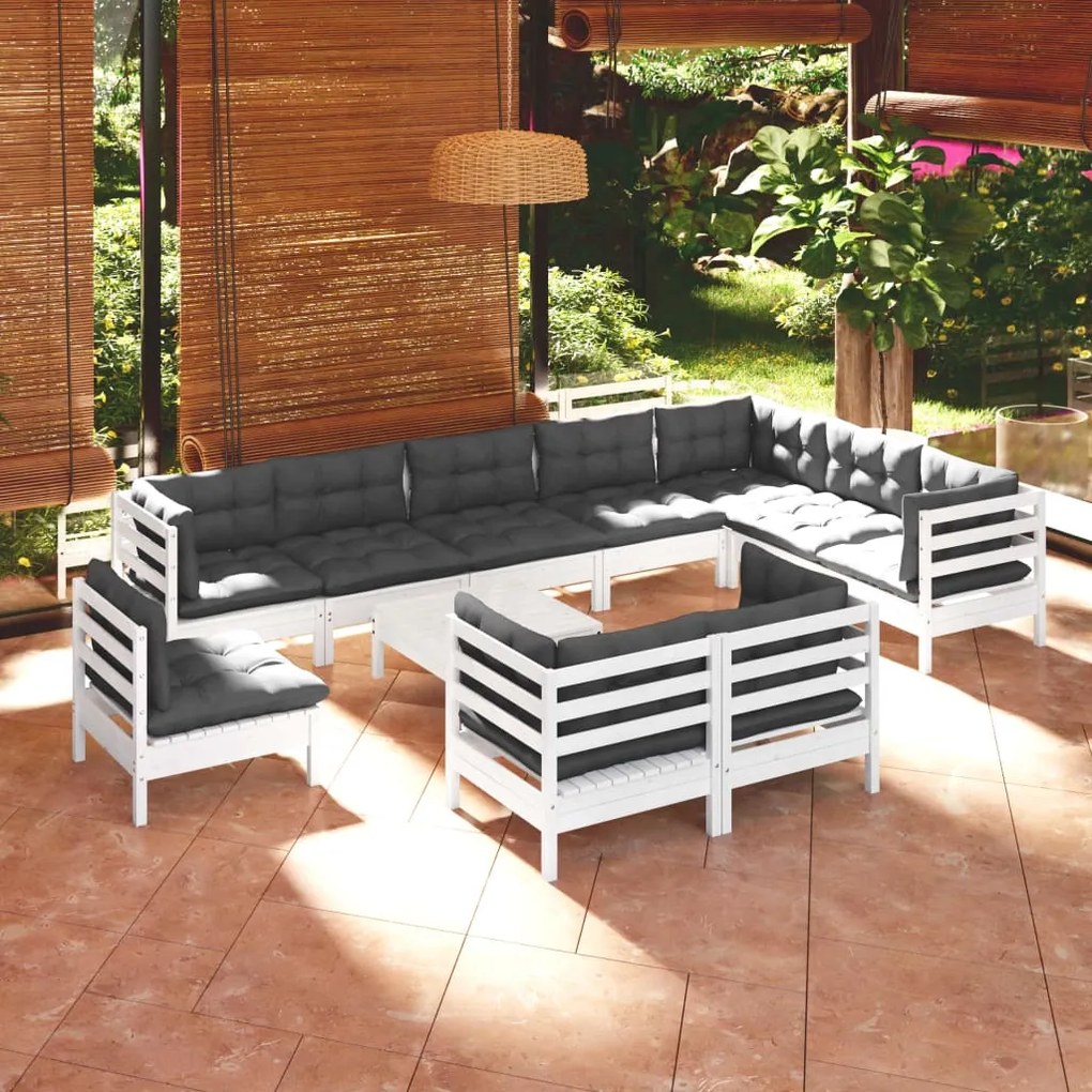 11 pcs conj. lounge de jardim c/ almofadões pinho maciço branco
