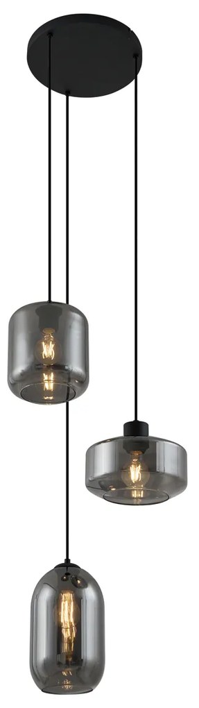 Candeeiro suspenso moderno preto com vidro fumado 3-luzes - Sheena Moderno