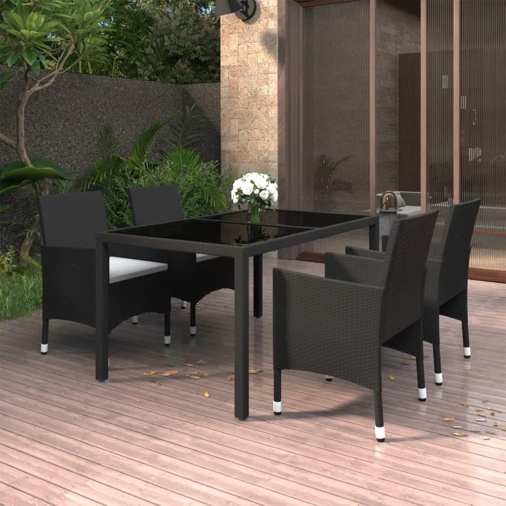 vidaXL 5 pcs conjunto jantar p/ jardim vime PE e vidro temperado preto
