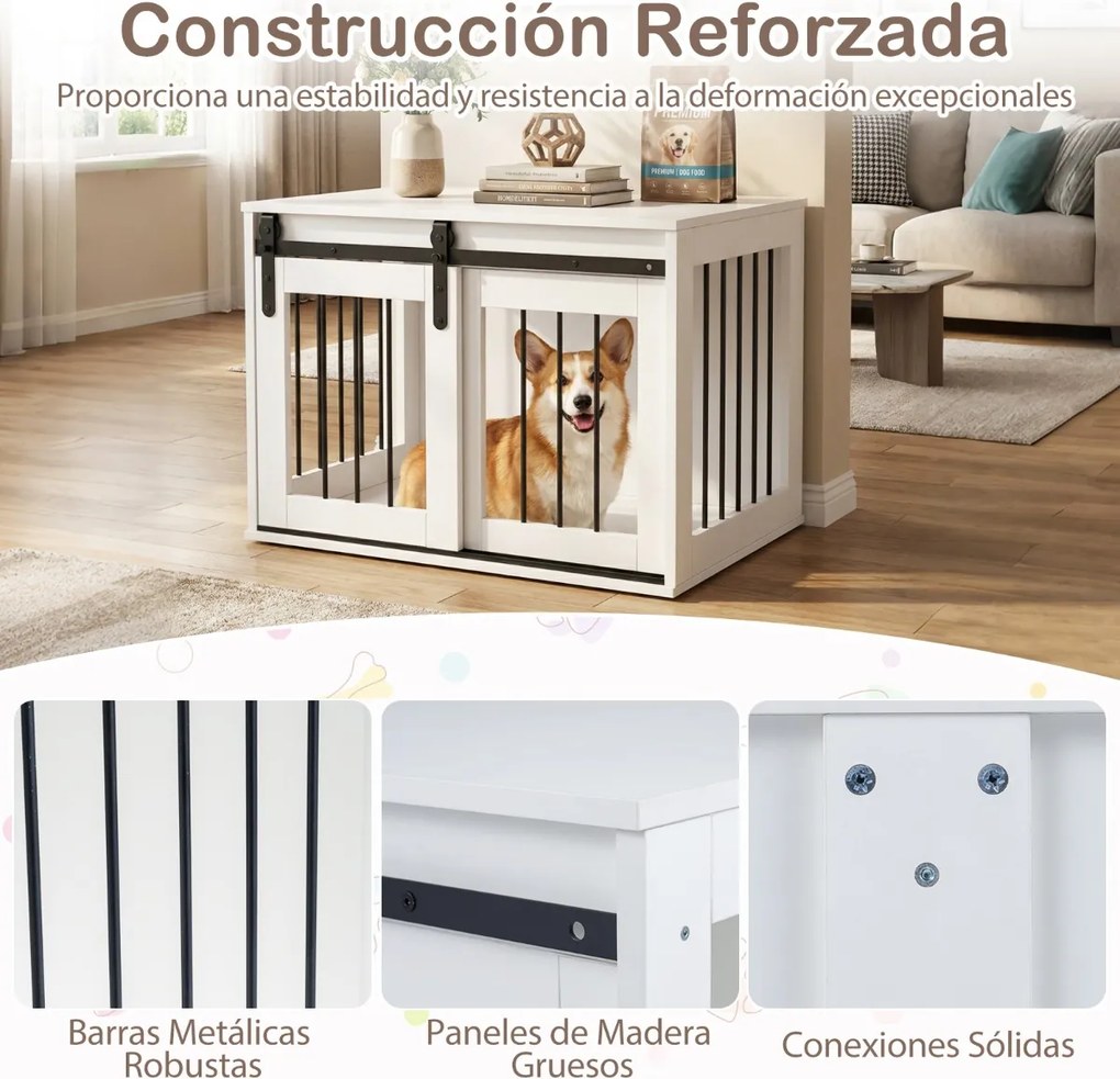 Gaiola para cães 80 x 54 x 57 cm com porta de correr, estilo celeiro, Estrutura metálica com acabamento em madeira, para cães de pequeno e médio porte