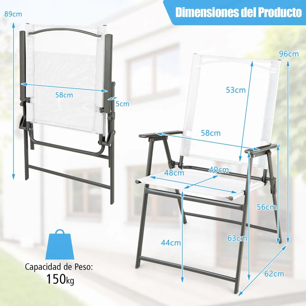 Conjunto de 4 cadeiras de jardim dobráveis com encosto alto Cadeira de jardim exterior portátil em metal de tecido resistente Brancas