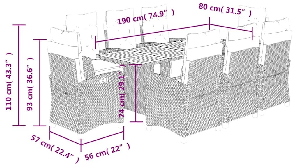 9 pcs conjunto de jantar p/ jardim c/ almofadões vime PE preto