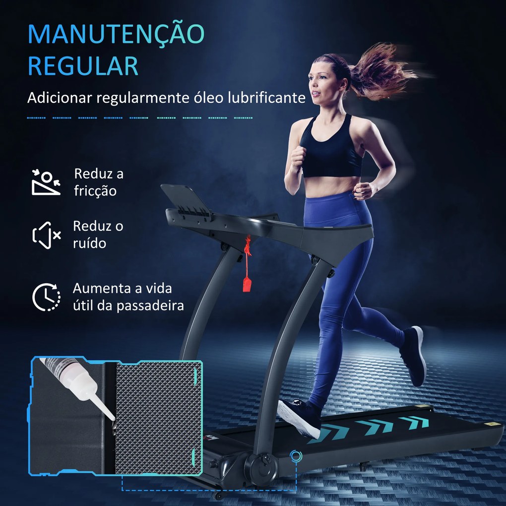 HOMCOM Passadeira de Correr e Andar Dobrável com 12 Programas Velocidade até 14km/h Tela LCD Pulsômetro Superfície 122x41cm e Rodas de Transporte 153x77x124cm Preto