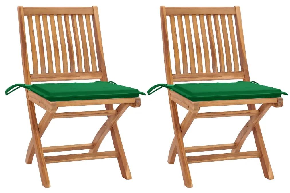3062438 vidaXL Cadeiras de jardim c/ almofadões verdes 2 pcs teca maciça