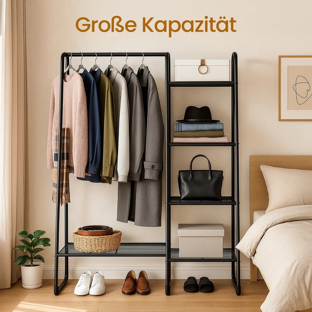 Guarda-roupa aberto, cabideiro com 5 prateleiras em metal 40 x 101,7 x 153,3 cm preto