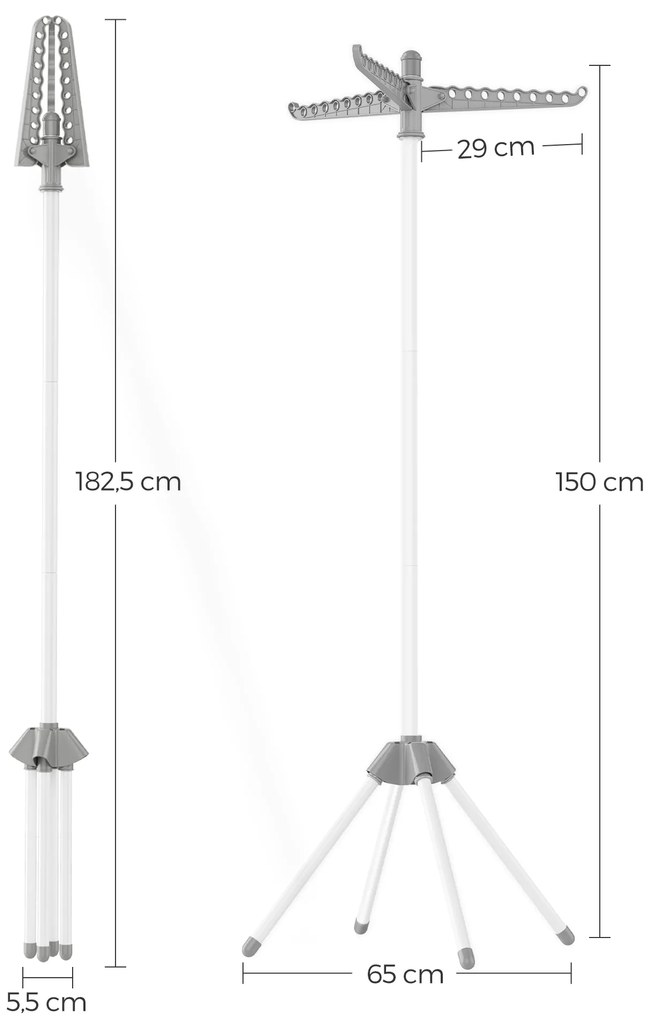 Estendal para a roupa com 3 braços rotativos e 4 pernas cinzento-branco