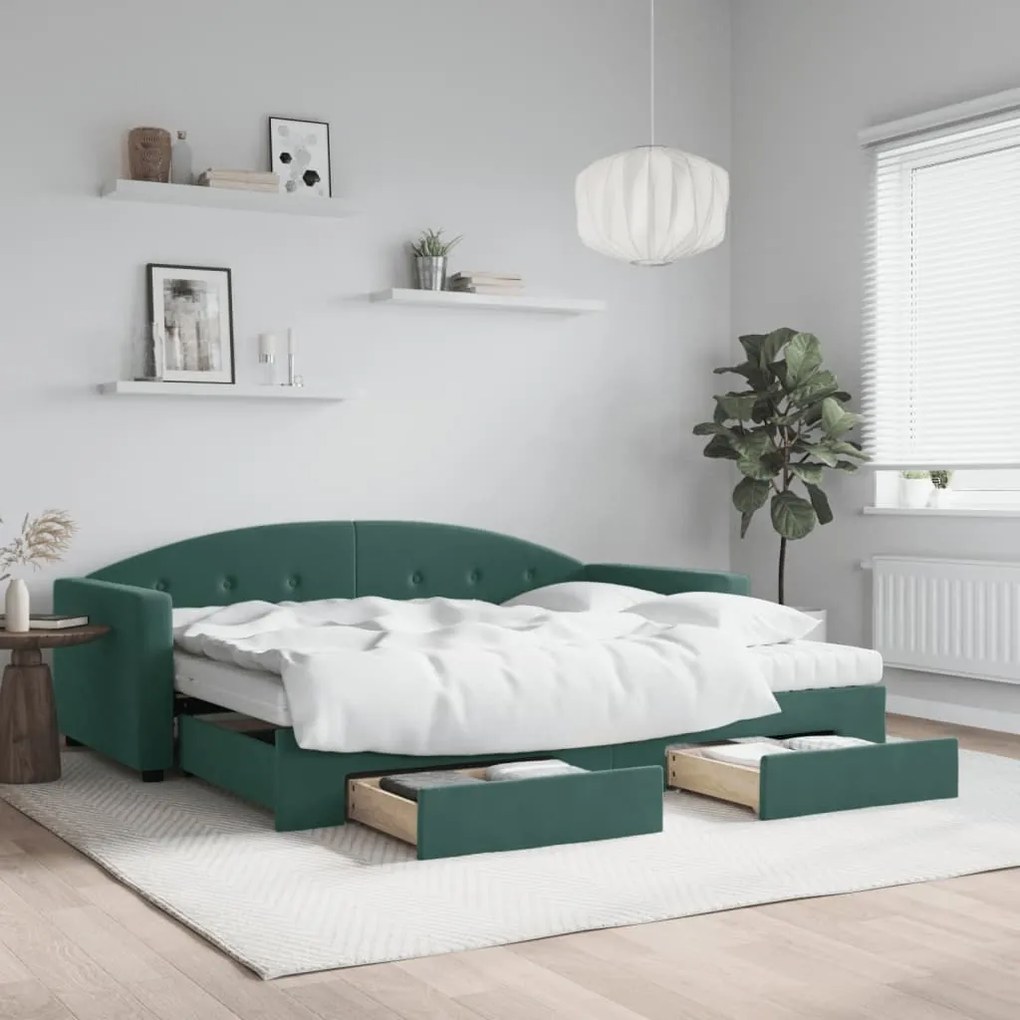 Sofá-cama c/ gavetão e gavetas 90x200 cm veludo verde-escuro