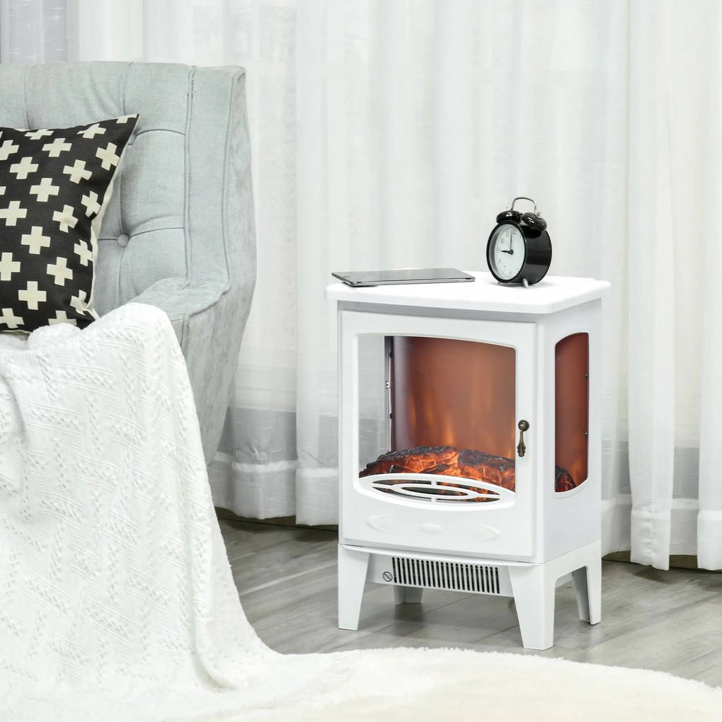 Lareira elétrica com design neo-retro, 900-1800 W, simulação de chamas com LED e luminosidade ajustável, em aço e ABS branco